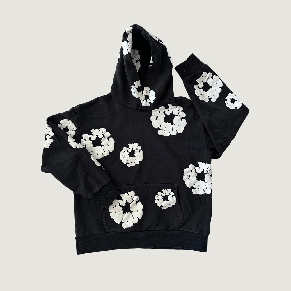 Denim Tears Cotton Wreath Hoodie Black White Puff Print Pullover M Made in USA